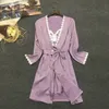 New Sexy Satin Kimono Women's Gorgeous Loungewear Robe 2pcs per set Solid Lace Up Sleepwear Nightwear Dress2735