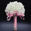 Elegante rosa artificial flores de noiva buquê de casamento buquê de cristal azul real fita de seda7232724