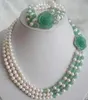 Vit sötvattenspärla naturlig grön jade halsband armband set