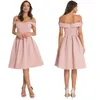 Off The Shoulder Prom Dresses Blush Pink Pleated Knee Length Satin Backless Cocktail Evening Gowns Simple Formal Bridesmaid Dress