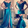 Turquoise Green Off Shoulder Evening Dresses Appliques Beaded Satin Split Side Backless Long Evening Gowns Formal Prom Dresses