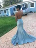 Afrikaanse halter prom jurken stoffige blauwe sexy backless zeemeermin avondjurken 2K17 pailletten kralen satijn formele feestjurk