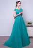 Turquoise Tulle Aline Long Modest Prom Vestidos con mangas cortas Cristales con cuentas elegantes vestidos de fiesta de mujeres formales reales 2242133