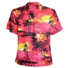 Wholesale- Men Aloha Shirt Tropical Luau Beach Hawaiian Party Sunset Palm Tree Blue And Red US SIZE Casual Hawaiians Shirts V25