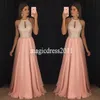 화려한 핑크시 폰 댄스 파티 드레스 A-Line Halter Major Parmed Ruffled Pleated Evening Formal Gowns Long Chiffon Dress Party Wear