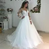 Elegant Lace Appliques Long Sleeves Wedding Dresses Ball Gowns See Through White Tulle Bridal Dress vestidos de novias267G