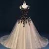 Gothic Champagne and Black Ball Gown Wedding Dresses Sheer Neck Sleeveless Lace Appliques Tulle Corset Bridal Gowns with Court Train