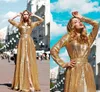 2019 Outono Sparkly Dourado Lantejoulas Vestidos de Baile Com Sash Front Dividir Com Mangas Compridas Moda Brilhante A Linha de Vestidos de Festa Vestidos de Noite