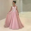 Custom Made A-line Tulle Lace Rosa Elegante Moda Longos Vestidos de Noite Vestido de Festa À Noite Árabe Vestidos de Noite Vestidos