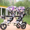 Wholesale- Double Stroller Child Bike Stroller Double Seats Baby Tricycle for Twins Bike Folding Three Wheels Twins Tricycle Pushchairs