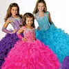 Великолепное фиолетовое бальное платье Pageant Платья для девочек с бисером Холтер шеи на шнуровке назад оборками из органзы до пола Цветочные платья для девочек
