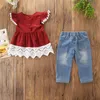 ファッション2018子供の女の子の服半袖タッセルレーストップスジーンズズボンズボン2ピースの女の子服セット衣装衣装衣装服