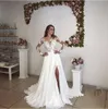 2018 A Line Long Sleeves Wedding Dresses High Side Split Summer Bohemian Beach Sheer Neck Lace Applique Country Long Plus Size Bridal Gowns