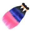 Drie Tone Colored # 1b / Blue / Pink Ombre Peruviaanse Virgin Menselijk Haar Weeft 3 Bundel Deals met 4x4 Kant Top Closure Silky Height