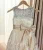 Helles Champagner-Blumenmädchenkleid, Taille, Schärpe, Spitze, knielang, Junior-Brautjungfernkleid, Festzugskleider mit Reißverschluss hinten