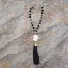 Western style tassel pendant chain hand-faceted glass edging black suede vinyl enamel disc necklace