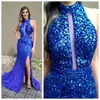 Blue Diamond Crystal Mermaid Prom Dresses Jewel Neck Rhinestone Beaded Zipper Formal Party Dress Sexy Side Split Evening Dress Formal Gowns