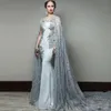 Newest Abric Mermaid Evening Dresses with Cape Sleeve Jewel Neck Formal Evening Wear Sequined Sweep Train Celebrity Gowns