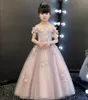 New Arrival Flower Princess Girl Dress Shoulderless Baptsim Pink Tulle Party Wedding Birthday Gown Kids Long Tutu Dresses216q