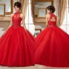 Sheer tripulação pescoço doce 16 masquerad vermelho frisado quinceanera vestidos de renda apliques vestidos de baile tule debutante ragazza vestido