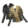 2019新しい到着女性の毛皮PUレザージャケットとコートレディース秋冬の毛皮のジャケット長いアライグマの襟コートS-XL