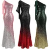 Angel-fashions Women's Asymmetric Ribbon Gradient Sequin Mermaid Long Prom Party Gown Dress Evening Dresses Black Pink Green 286