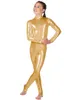 Kızlar Uzun Kollu Parlak Metalik Sahne Giyim Catsuits Altın Gümüş Mock Boyun Likra Kızlar Dans Unitard Sahne Performansı Için Çocuk Bodysuit