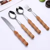 Wood Handle Cutlery Stainless Steel Food Silverware Dinnerware Utensil Silver Color Spoon Fork Knife Tea Spoon