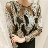 Luxe femmes cristal paillettes broderie Blouse dentelle géométrique perles lourdes chemises sexy blusas camisa 2018 Clubs de fête hauts creux