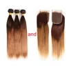 Bundles de cheveux humains droits malaisiens Ombre avec fermeture à lacet 4X4 4/30 # armure de cheveux humains malaisiens blonds 3/4 faisceaux avec fermeture