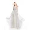 Suknia wieczorowa New Arrival Sexy Silver Grey Długi Prom Dresses Soft Tulle Z Frezowanie Cekiny Zipper Back Runway Suknie