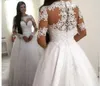 Lace A Line Wedding Dresses With Sheer Long Sleeves Crew Neckline Tulle Floor Length Bridal Gowns Custom Made Wedding Vestidos