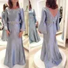 Piękny Satynowy Plus Rozmiar Matka Formalna Nosić Z Długim Rękawem Srebrny Wieczór Party Wedding Guest Dress Matka Bride Dress Sukienek Suknie