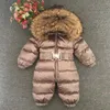 Mode Baby Jumpsuits Boys Girls Winter Overaller Baby Rompers Duck Down Jumpsuit Hooded Real Fur Collar Barn Ytterkläder Kids Snowsuit