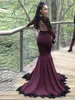 2018 Deep V Neck Burgundy Mermaid Evening Dresses Sweep Train Black Lace Appliques Long Sleeves Open Back Prom Dress Beads Cheap Party Gowns