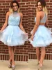 2019 Bling Crystal Homecoming Prom Dresses Cheap Short High Neck Organza Sequin Beaded Hollow Back Party Graduation Dress Light Sky Blue