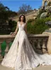 Robe de mariée trapèze en dentelle complète, doublure champagne avec traîne détachable sur jupe, col en cœur, robe de mariée printemps-automne pour mariage