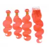 Body Wave Hair Extension With Lace Closure Orange Hair Weaves 3Bundles With 4x4 Lace Top Closure Light Orange Pure Color With Closure