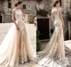 Sheer Neck Champagne Lace Overskirt Wedding Dresses Appliques Tulle Bridal Dresses Plus Size Bow Sash Wedding Gowns For Bride robe de mariée