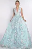 Mint Blue Sexy 3D Floral Appliqued Prom Dresses Long Deep V-Neck Party Dress Floor Length Illusion Back Tulle Formal Evening Gowns