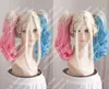 nouvelle perruque Livraison gratuite Harley Quinn perruque cosplay cheveux bouclés moyen bleu et rose moyenne