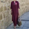 2018 Celmia Vintage Keten Elbise Kadınlar Seksi V Boyun Uzun Kollu Yan Bölünmüş katı Casual Parti Uzun Maxi Vestidos Kaftan Artı Boyutu D18111206