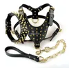 Zwarte Spiked Studded Lederen Hond Pet Pitbull Harness Borst 26 "-34" Collar Leash Set voor Medium Large Dogs Boxer Bull Terrier