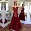 Red Sequins Satin Ruffle Prom Dresses 2020 Strapless Backless Organza Tiered Long Evening Gowns Bridesmaid Dress Formal Party Juniors