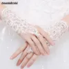 Amandabridal Short Cheap Lace Appliques Beads Crystals Fingerless Wrist Length With Ribbon Bridal Gloves Wedding Accessories For B301A