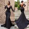 Elegante zwarte zeemeermin avondjurken diepe v-hals lange mouwen sexy backless prom jurk Zuid-Afrikaanse kant appliques vrouwen feestjurken