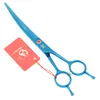 Blå 7.0inch Pet Cutting Scissors Thinning Shears Curved Japan 440c Dog Grooming Clippers Set med väska Valp Hår Trimmer Verktyg HB0119