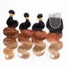 Fala ciała # 1B / 33/27 Miód Blondynka Ombre Dziewiczy Włosy Uszczelnienie z 4x4 Koronki Zamknięcie Trzy Tone Kolorowe Brazylijskie Human Hair Wiązki