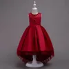 Vestidos de niña de las flores de satén bastante alto y bajo Color cian 2018 Vestidos con apliques de cuentas para niñas Vestido de fiesta para niños D01