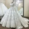Очаровательная 3D цветочные свадебные платья Jewel шеи кружева аппликация с длинным рукавом бальное платье свадебное платье сказочные Саудовская Аравия плюс размер свадебные платья